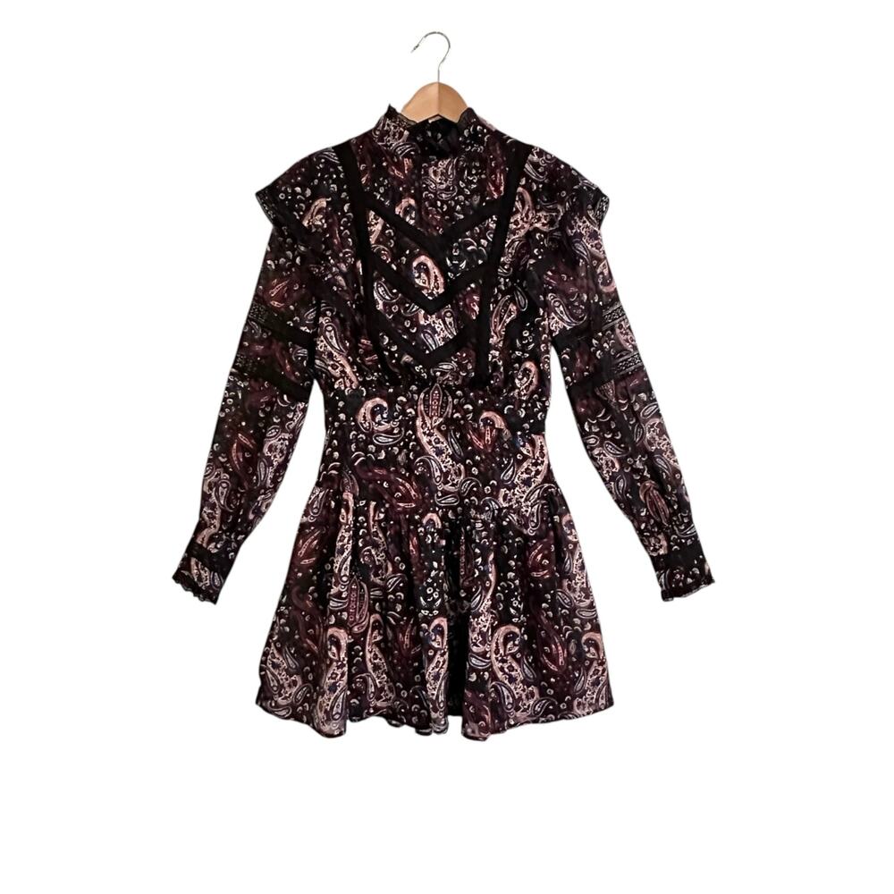 Karen Millen Textured Paisley Print Lace Detail Dress US 6 Prairie Boho Mini